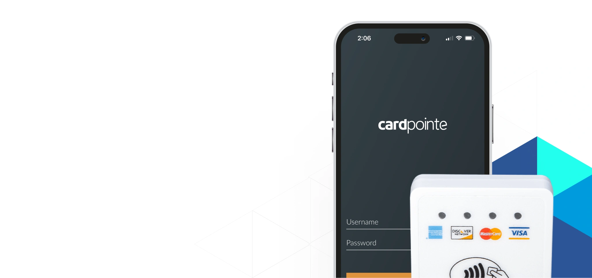 A smart phone with the CardPointe Mobile App on screen and the mobile credit card reader in front.