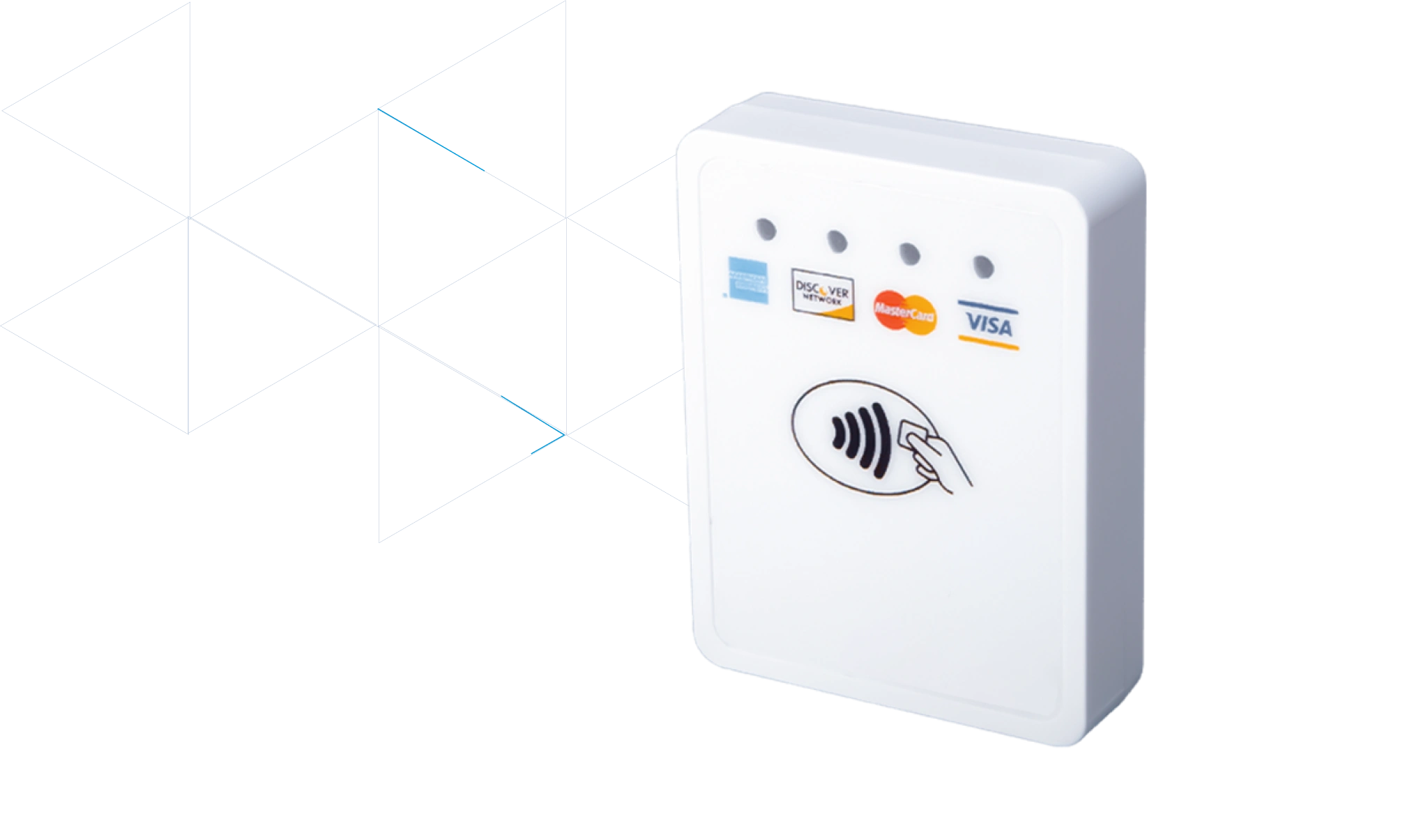 An image of the CardPointe Mobile Credit Card Reader with a geometric pattern behind it.