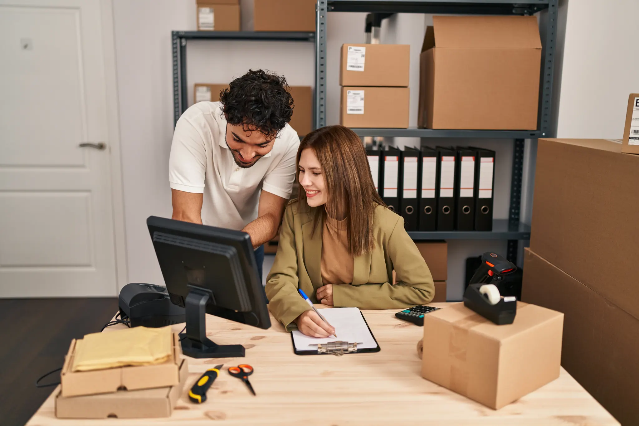 A woman and man working on a computer together in a warehouse office.