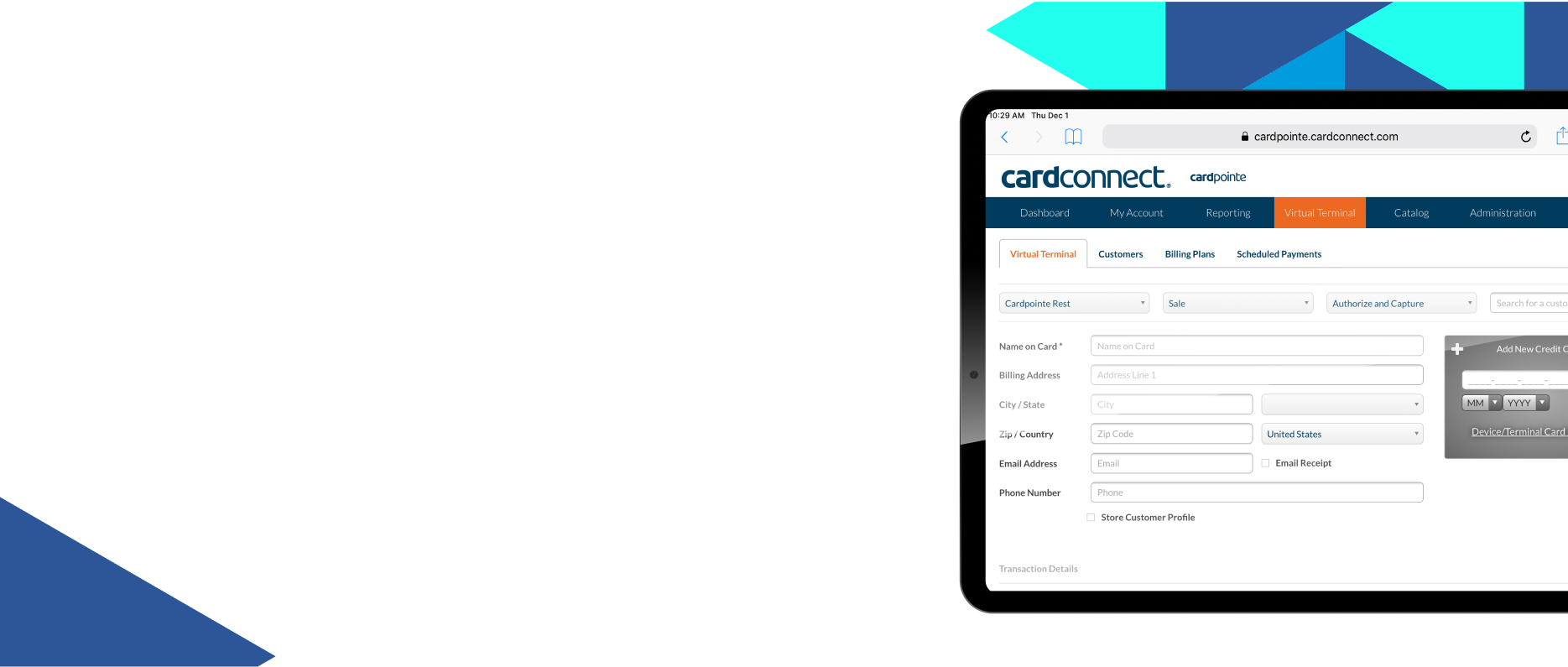 A tablet displaying the CardPointe virtual terminal software, with blue triangles in the background