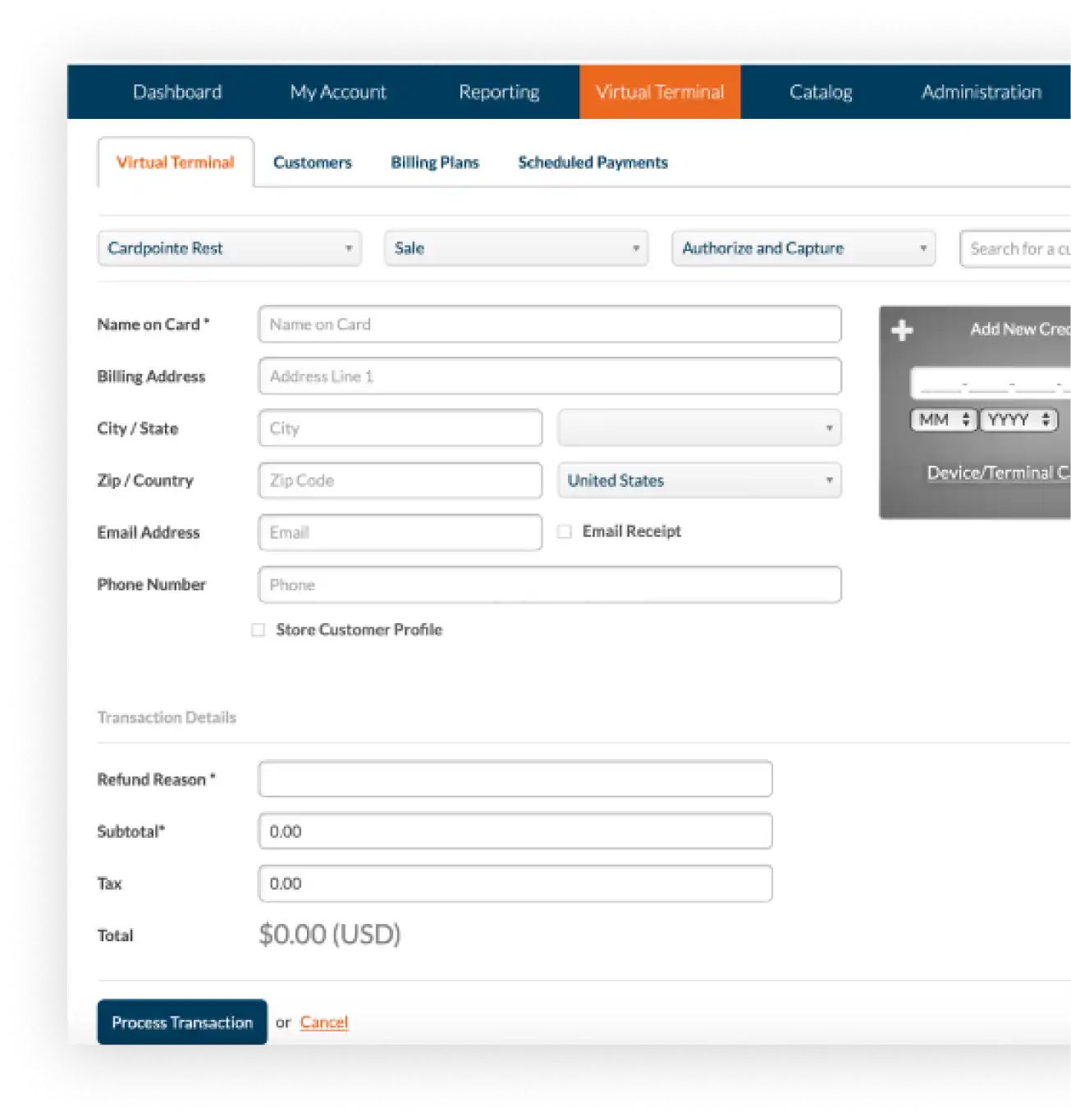 A screenshot of CardPointe's transaction management reporting tool.